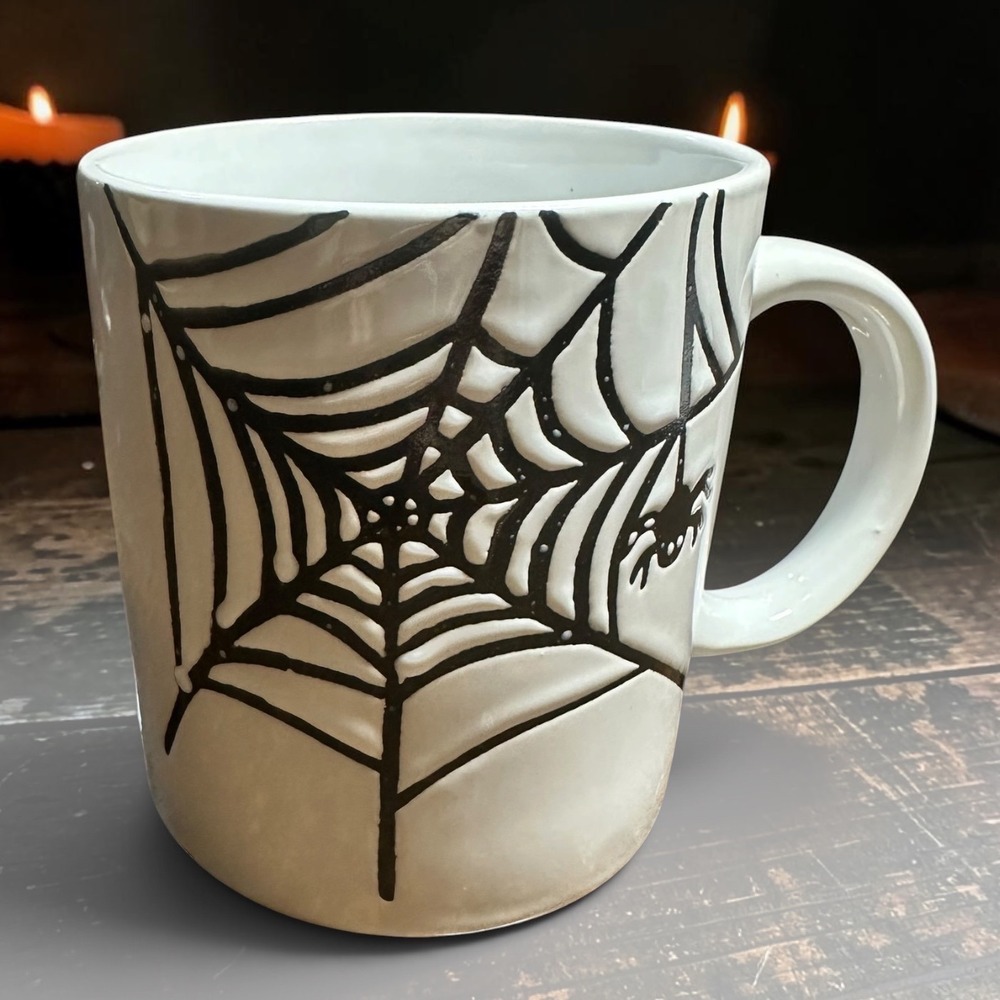 Spider Webs Embossed White Ceramic Coffee Cup Mug Halloween Gothic Spooky New